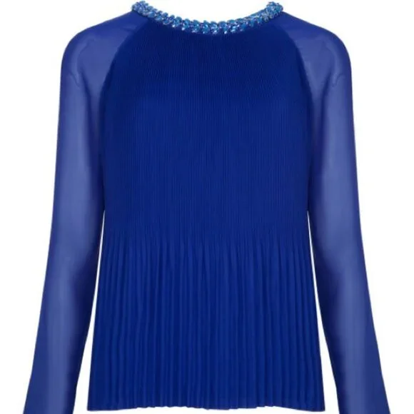 Ted Baker Lovina Jewel Embellished Accordion Pleated Blouse Cobalt Royal Blue 4 - Picture 3 of 16